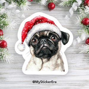 Sticker Carlin mignon, cadeau de Noël, carlin avec chapeau, autocollant imperméable pour les amoureux des chiens, ordinateur portable, autocollant cadeau, autocollant découpé brillant