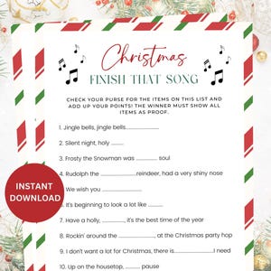 Finish The Song Christmas Game, Christmas Music Trivia Activity , Finish the Lyrics Christmas Holiday Games, Printable Christmas Party Games