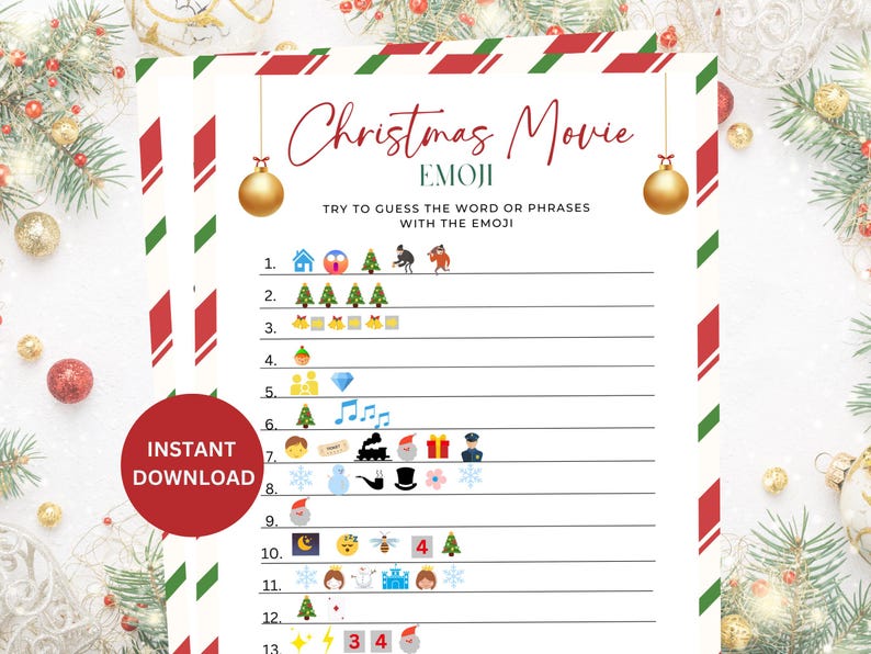 May include: Christmas movie emoji guessing game printable. Red and green candy cane striped border.  Features 13 emoji puzzles to guess the movie title. Instant download.  Includes questions and lines for answers.