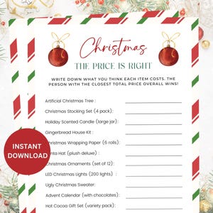 Printable Christmas Game, The Price Is Right Christmas Trivia, Christmas Party Game, Christmas Holiday Worksheet, Printable Holiday Activity
