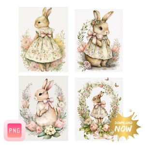 Easter Bunny Digital Print – Watercolor Rabbit Art, Floral Nursery Decor, Vintage Spring PNG Download, Cute Animal Illustration