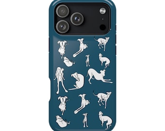 May include: A teal phone case featuring a pattern of white dog illustrations in various poses. The case has a glossy finish and a camera cutout at the top. The dogs are stylized and add a playful touch to the accessory.