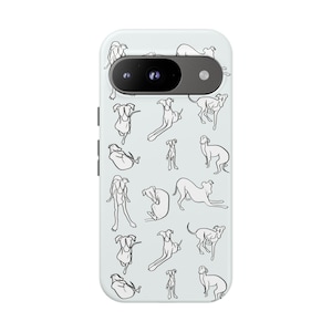May include: A light blue phone case featuring a repeating pattern of line art dog illustrations in various poses. The dogs are depicted in black against the light blue background. The phone case has a camera cutout and side buttons.