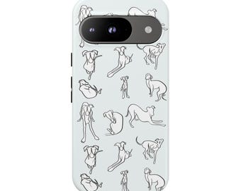 May include: A light blue phone case featuring a repeating pattern of line art dog illustrations in various poses. The dogs are depicted in black against the light blue background. The phone case has a camera cutout and side buttons.