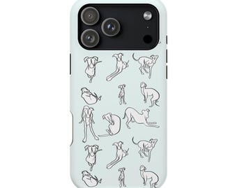 May include: A light blue phone case featuring a repeating pattern of line art dog illustrations in various poses. The case has a black camera module with three lenses. The design is simple and modern, suitable for dog lovers.