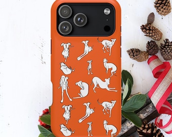 May include: An orange phone case featuring a repeating pattern of white dog illustrations in various poses. The case has a camera cutout and a smooth, glossy finish. The background includes pine cones and red ribbon.
