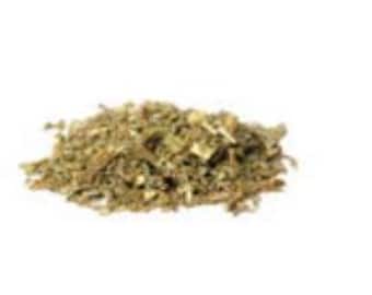 May include: A pile of dried, loose leaf herbs. The herbs are a light green color and have a slightly brown hue.