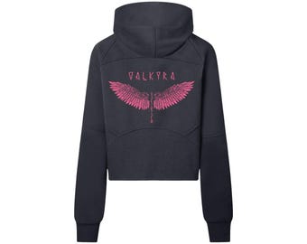 Womens Gym Hoodie Sweatshirt Winter Clothing Gift Valkyrie Fashion Viking Shield Maiden Angel Wings Norse Runes Women's Cropped Half Zipped