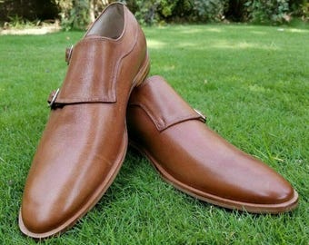 Men's Handmade Genuine Brown Leather Strap Double Monk Slip On Formal Shoes