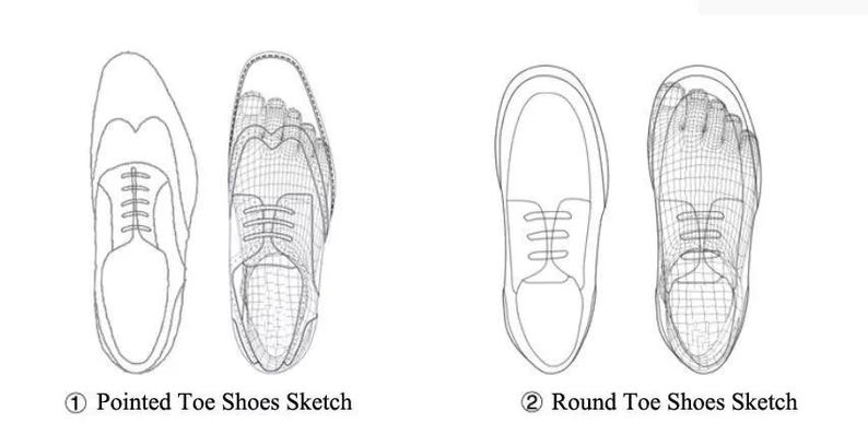 May include: A line drawing of two pairs of shoes, one with a pointed toe and the other with a round toe. The shoes are labelled "Pointed Toe Shoes Sketch" and "Round Toe Shoes Sketch".