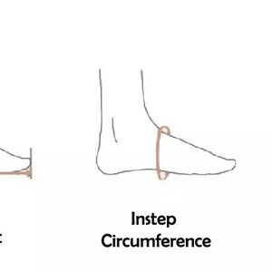 May include: Diagram showing how to measure foot length, instep circumference, and joint circumference. The diagram shows a foot with lines indicating where to measure.