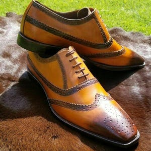 Men&#39;s Handmade Genuine Tan Leather Lace-up Oxford Brogue Wingtip Shoes