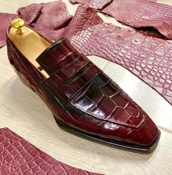 Handmade Men Crocodile Text Leather Burgundy Loafer Shoes, Peas Shoes, Moccasins