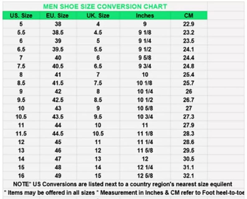 Pu&ograve; includere: Un grafico che mostra le conversioni delle taglie di scarpe per uomo in US, EU, UK, pollici e centimetri. Il grafico mostra le taglie dal 5 al 16 in taglie US, con le taglie corrispondenti in altri sistemi.