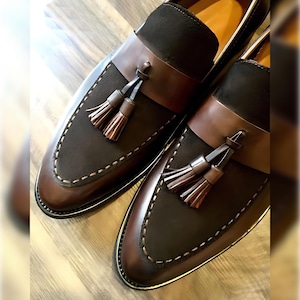 Handmade men brown Suede and leather Tassels shoes, Men leather moccasins loafer