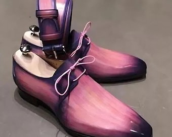 Men Handmade Pink Leather Oxford Formal Wedding Lace Up Dress Shoes Patina Shoes
