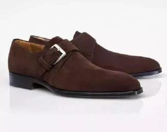 Men's Genuine Handmade Leather Shoes Brown Suede Monk Strap Formal Dress Shoes