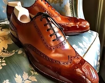 Men's Handmade Brown Tone Leather Wingtip Brogue Lace Up Formal Dress Shoes