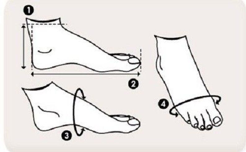 May include: Diagram showing how to measure your foot for shoe sizing.  The diagram shows four steps: 1. Place your foot on a piece of paper and trace the outline of your foot. 2. Measure the length of your foot from the heel to the longest toe. 3. Measure the width of your foot at the widest point. 4. Measure the circumference of your foot around the ball of your foot.