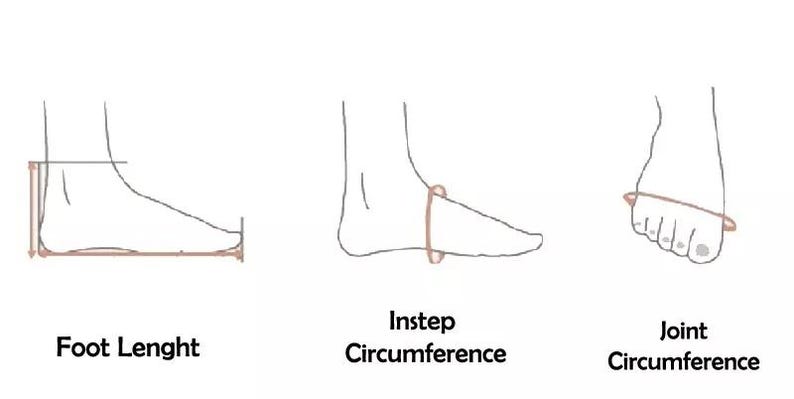 Pu&ograve; includere: Diagramma che mostra come misurare la lunghezza del piede, la circonferenza del collo del piede e la circonferenza dell'articolazione.