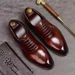 Handmade Mens Leather Oxford Shoes Brown Formal Lace Up Dress Shoes For Men