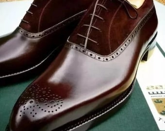 Botas de cuero de primera calidad hechas a mano para hombre, zapatos de vestir de cuero con cordones y brogue de gamuza.