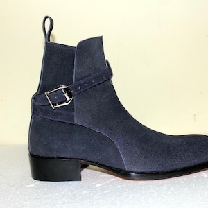 Nieuwe handgemaakte jodhpurs van suèdeleer, marineblauwe bandjes rond de enkel, jodhpurs voor heren, laarzen