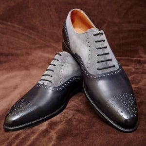 Handmade Men Brogue Two Tone Shoes, Black and Gray Formal Shoes, Anniversary Gift, Formal Shoes, Men Footwear, Stylish Shoes, Birthday Gift
