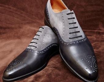 Handmade Men Brogue Two Tone Shoes, Black and Gray Formal Shoes, Anniversary Gift, Formal Shoes, Men Footwear, Stylish Shoes, Birthday Gift