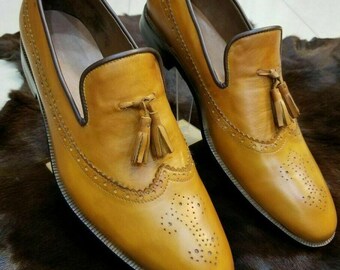 Handmade Men's Genuine Tan Leather Slip-On Oxford Wingtip Tassels Formal Shoes