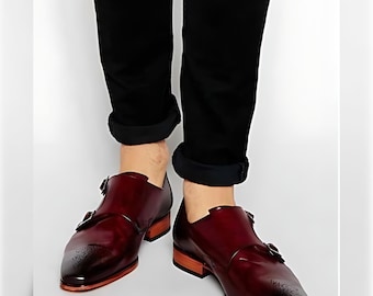 Handmade Men burgundy color monk strap shoes, Men formal shoes, Men dress shoes
