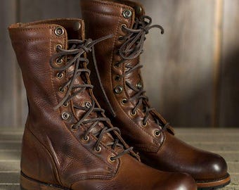 Men Handmade Brown Military Leather Boots, Men Brown High Ankle Combat Leather Boots, Men Leather Boots