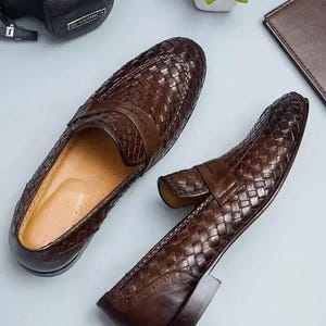 Handmade Mens Brown Woven Leather Moccasin Shoes, Loafer Shoes For Men