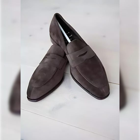 Handmade Suede Leather Brown Formal Moccasin Slip On Dress Loafer Shoes For Men