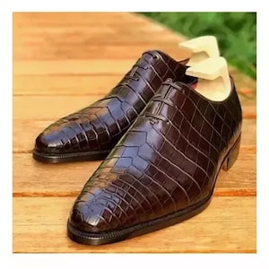 Handmade Mens Croco-text Leather Brown Oxford Formal Lace Up Dress Shoes For Men