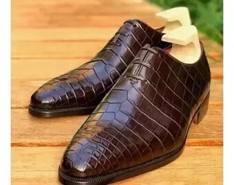 Handmade Mens Croco-text Leather Brown Oxford Formal Lace up  display picture 3