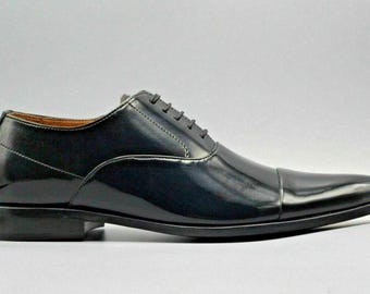 Men Handmade Black Genuine Patent Leather Lacer Formal Toe Shoes