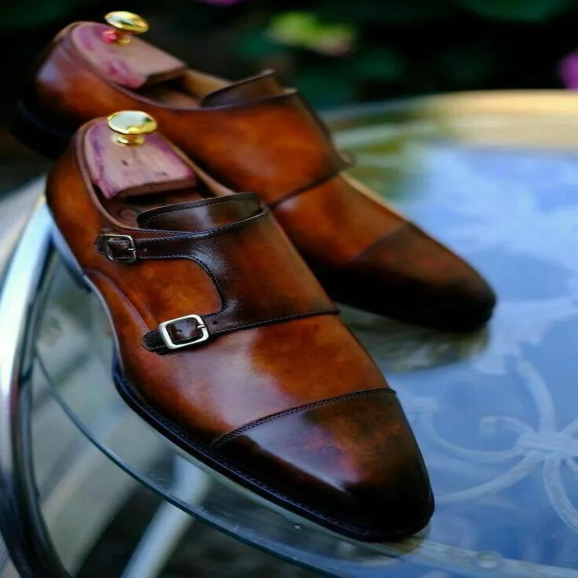 Double Monk Strap Danridge Brown Leather Oxford Vintage Style Dress Shoes 8.5 Brown Calfskin Double Monk Strap with Rubber Sole for Men  main image 4