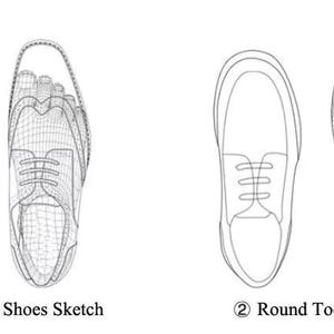 Pu&ograve; includere: Un disegno a linea di due paia di scarpe, una con la punta a punta e l'altra con la punta arrotondata. Le scarpe sono etichettate "Pointed Toe Shoes Sketch" e "Round Toe Shoes Sketch".