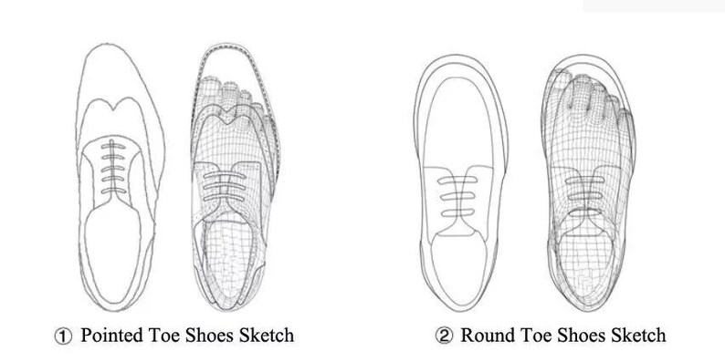 Pu&ograve; includere: Un disegno a linea di due paia di scarpe, una con la punta a punta e l'altra con la punta arrotondata. Le scarpe sono etichettate "Pointed Toe Shoes Sketch" e "Round Toe Shoes Sketch".