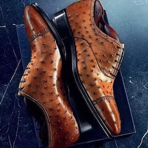 Può includere: Un paio di oxford in pelle marrone con un motivo in pelle di struzzo. Le scarpe hanno lacci neri e una suola nera.