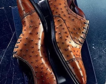 Botas de piel de avestruz marrón tostado hechas a mano, zapatos de vestir formales Oxford para hombre