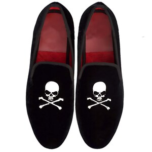 Handmade Men's Black Velvet Skull Logo Silver Embroidery Loafers & Slip Ons Shoe
