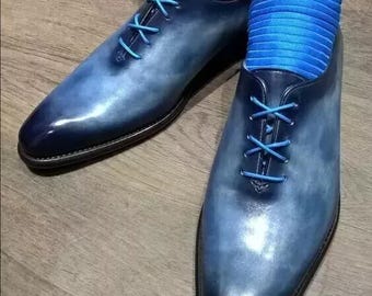 Handmade Mens Shoes, Mens Blue Leather Patina Dress Boots Mens Oxford Shoes