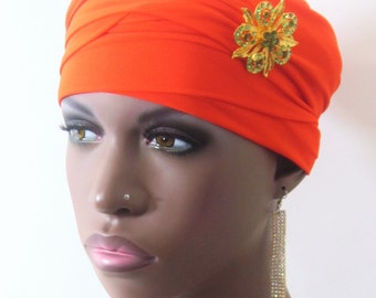 Women Orange EZ PZ  Turban Wrap For Short Hair Or Bald Head-  One Size-Ready Wraps- Stretch Turban- Stretch Wraps