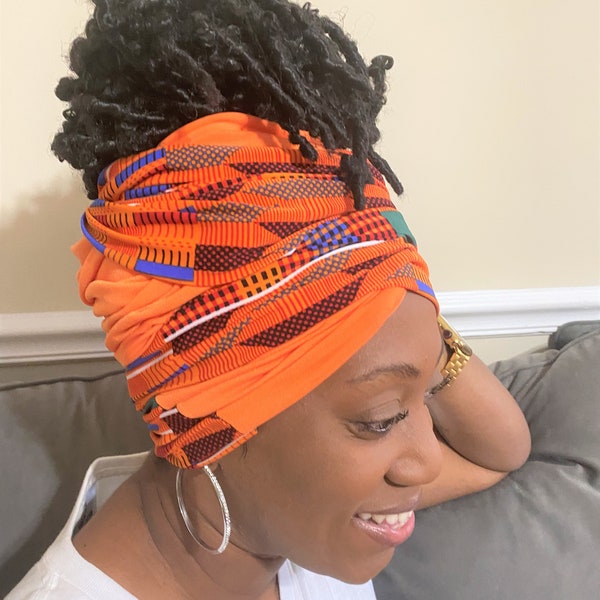 Orange Kente Mix Head-Wrap