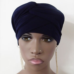 Women Navy EZ PZ  Turban Wrap For Short Hair Or Bald Head-  One Size-Ready Wraps- Stretch Turban- Stretch Wraps