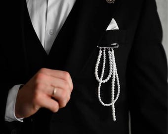 HandMade Men’s Pearl Pin, Elegant  Brooch, Grooms Boutonniere with Chain,  Lapel Pin for Men, Suit Accessories Wedding