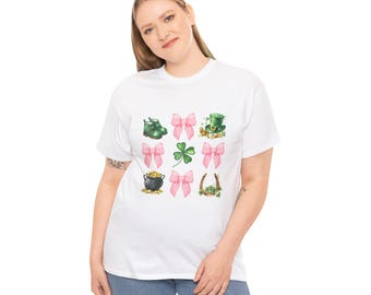 St. Patricks Day Unisex-T-Shirt aus schwerer Baumwolle, niedliches Klee- und Schleifendesign, Glücks-Shirt für Festlichkeiten, grüne Urlaubskleidung, lustige Geschenkidee,