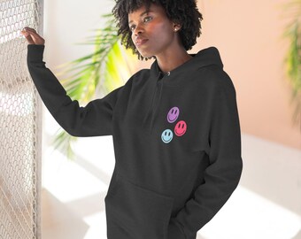 Smiley Faces Three-Panel Fleece Hoodie, Vibe Check, Fun Casual Wear, Cozy Winter Apparel, Trendy Fashion Statement, Happy Faces Sweatshirt,